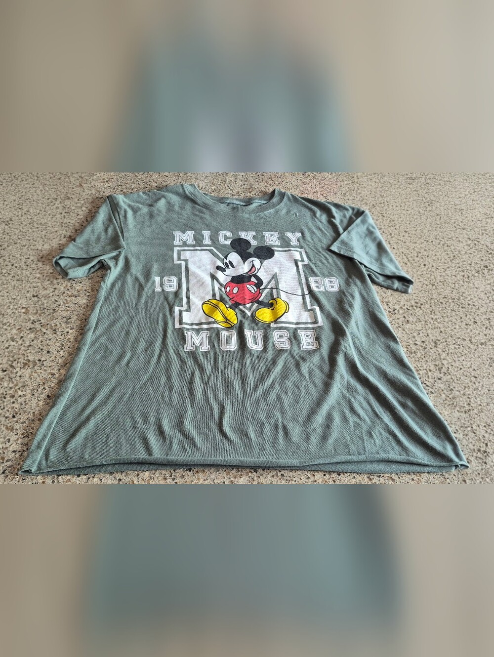 ​Disney Mickey Mouse Graphic T Shirt Small S Sage Green Raw Hem Collegiate 1928